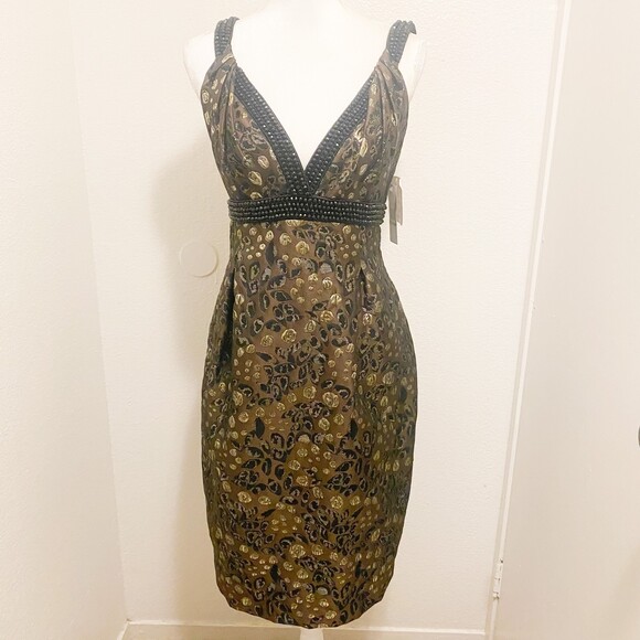 NWT Carmen Marc Valvo Metallic Brown Beaded Evening Cocktail Midi Dress Size 14 - Picture 2 of 9
